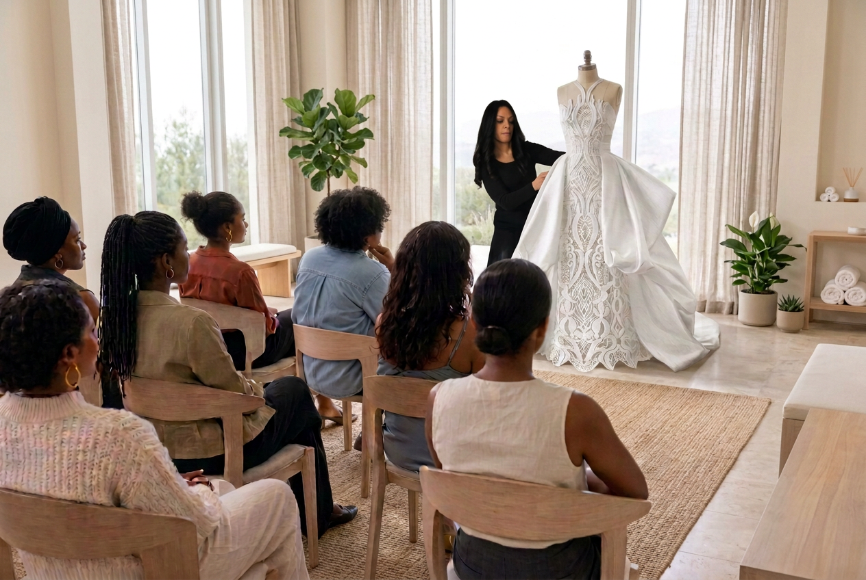 CC.Elaine in black works at the waist of the white gown, standing partly behind its sculptural overskirt with her lower body concealed; seven seated guests watch in a sunlit wellness studio, with the dress form near the windows beyond the rug