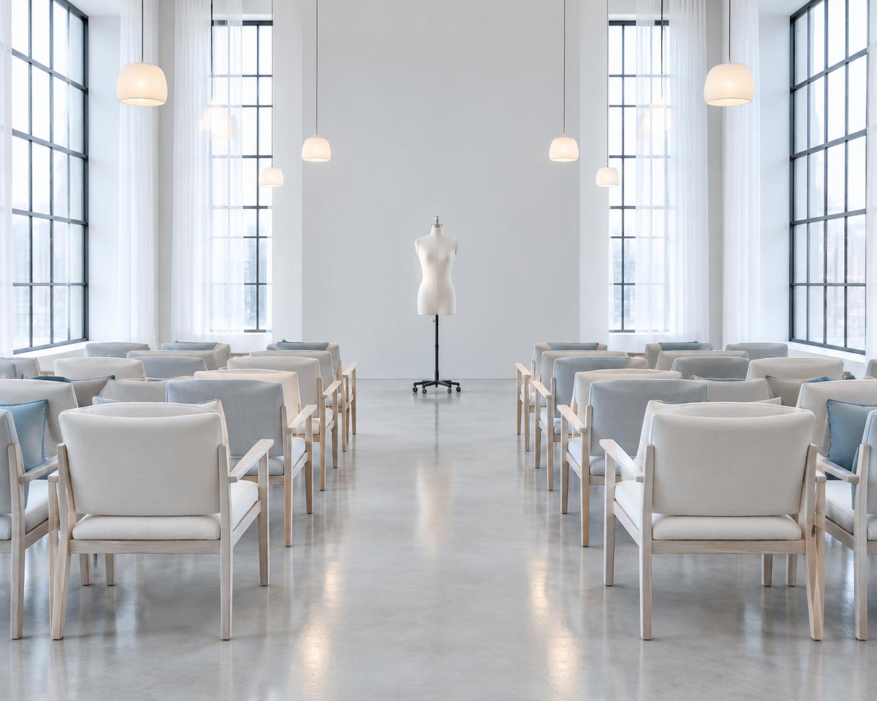 Rows of chairs facing a bare professional dress form in a bright, modern loft with warm hanging lights